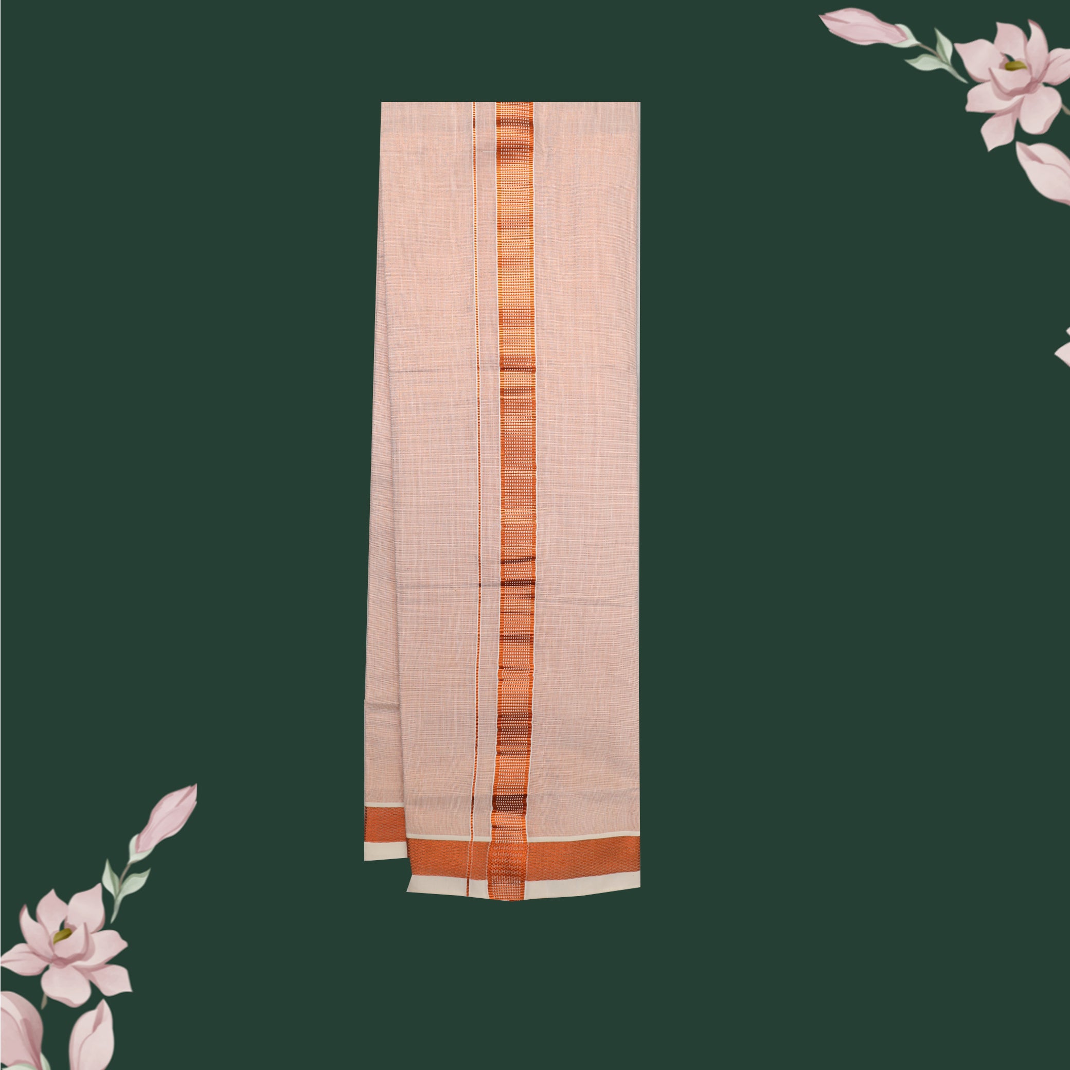 Couple Combo Tissue Silk Set – Men’s Shirt & Dhoti with Matching Women’s Saree With Coral  Colour With Copper Zari Border