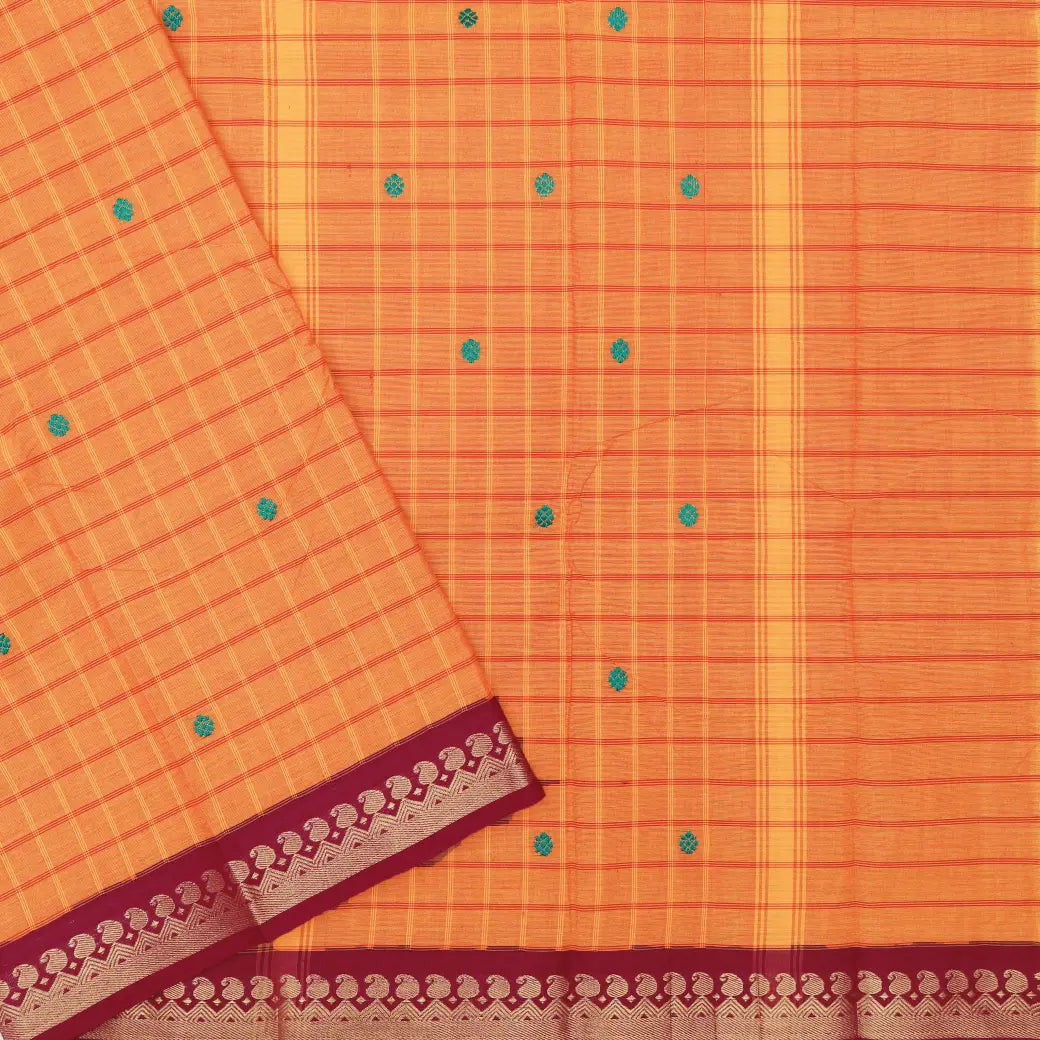 Mustard Yellow-Orange with Maroon Checked Pattern Pure Chettinad Cotton Saree without Blouse