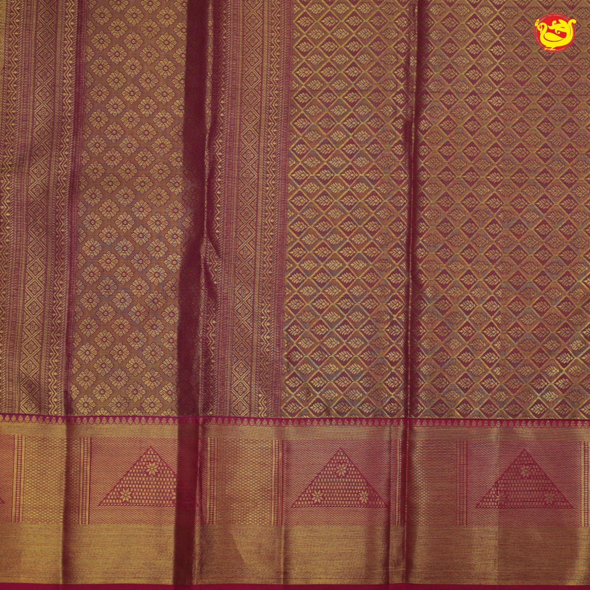 Gold with magenta border pure Kanchipuram silk saree with floral motifs - Thenianantham