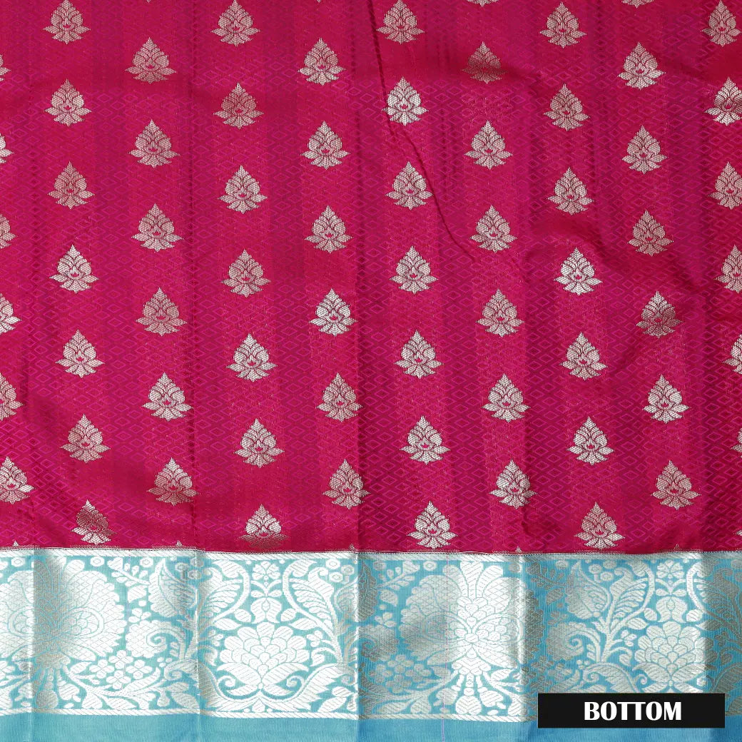 Magenta With Aqua Border Floral Design Traditional  Pattu Pavadai Material