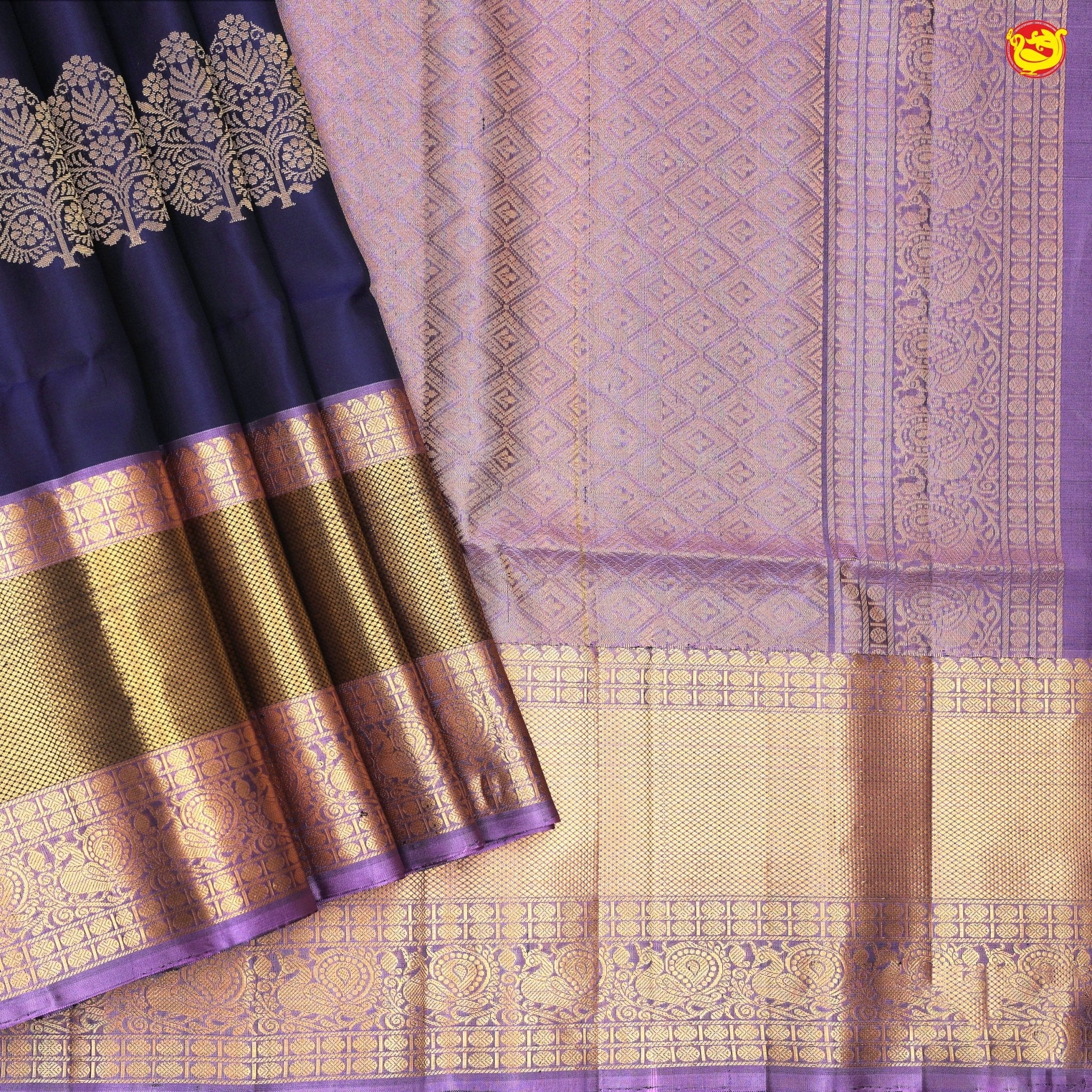 Dark Navy Blue With Lavender Floral Buttas Motifs Gold Zari Border Pure Kanjivaram Soft Silk Saree