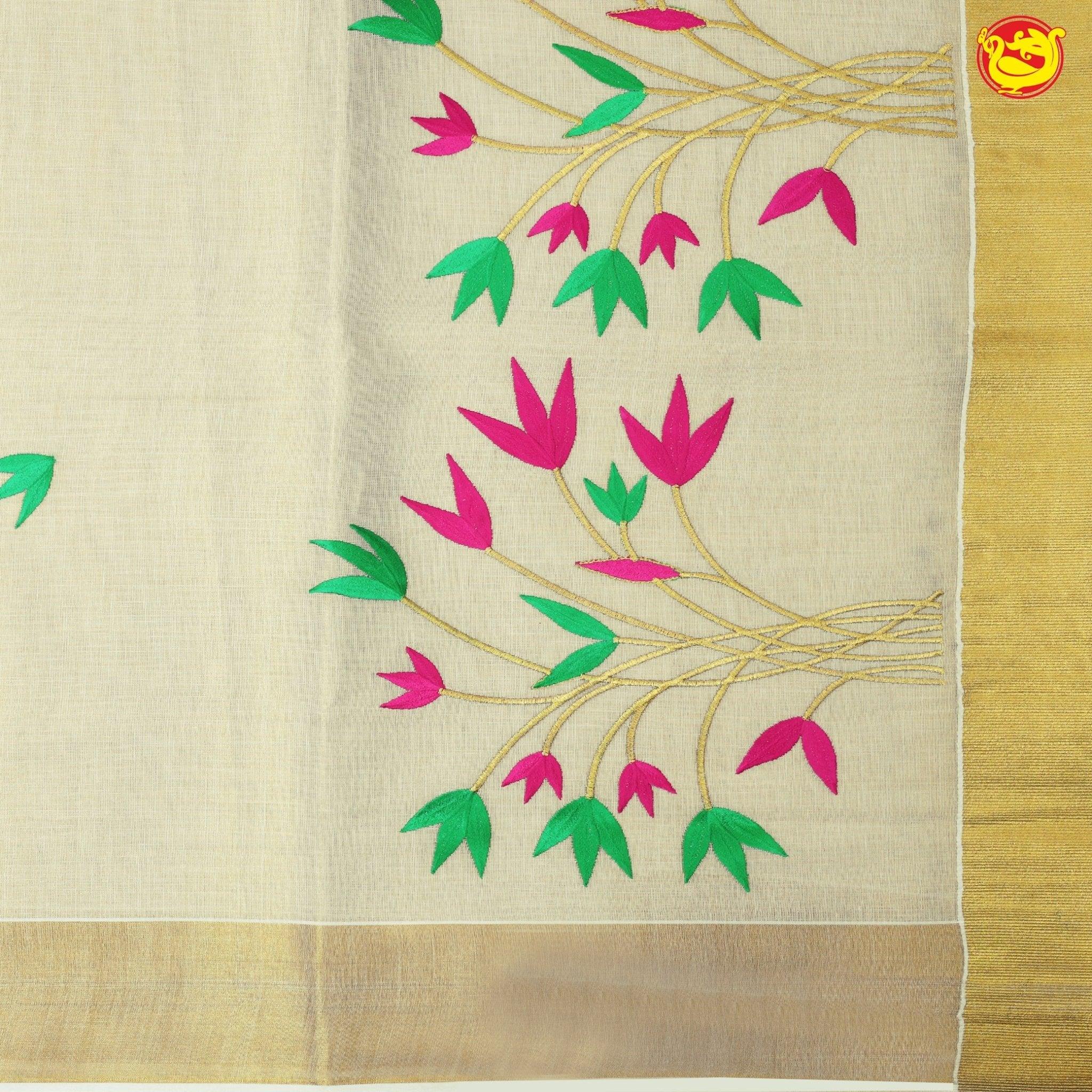 Southloom Exclusive Onam Kasavu Saree with Pink & Green Floral High Quality Embroidery Across Body (Matching Plain Blouse Included) - Thenianantham