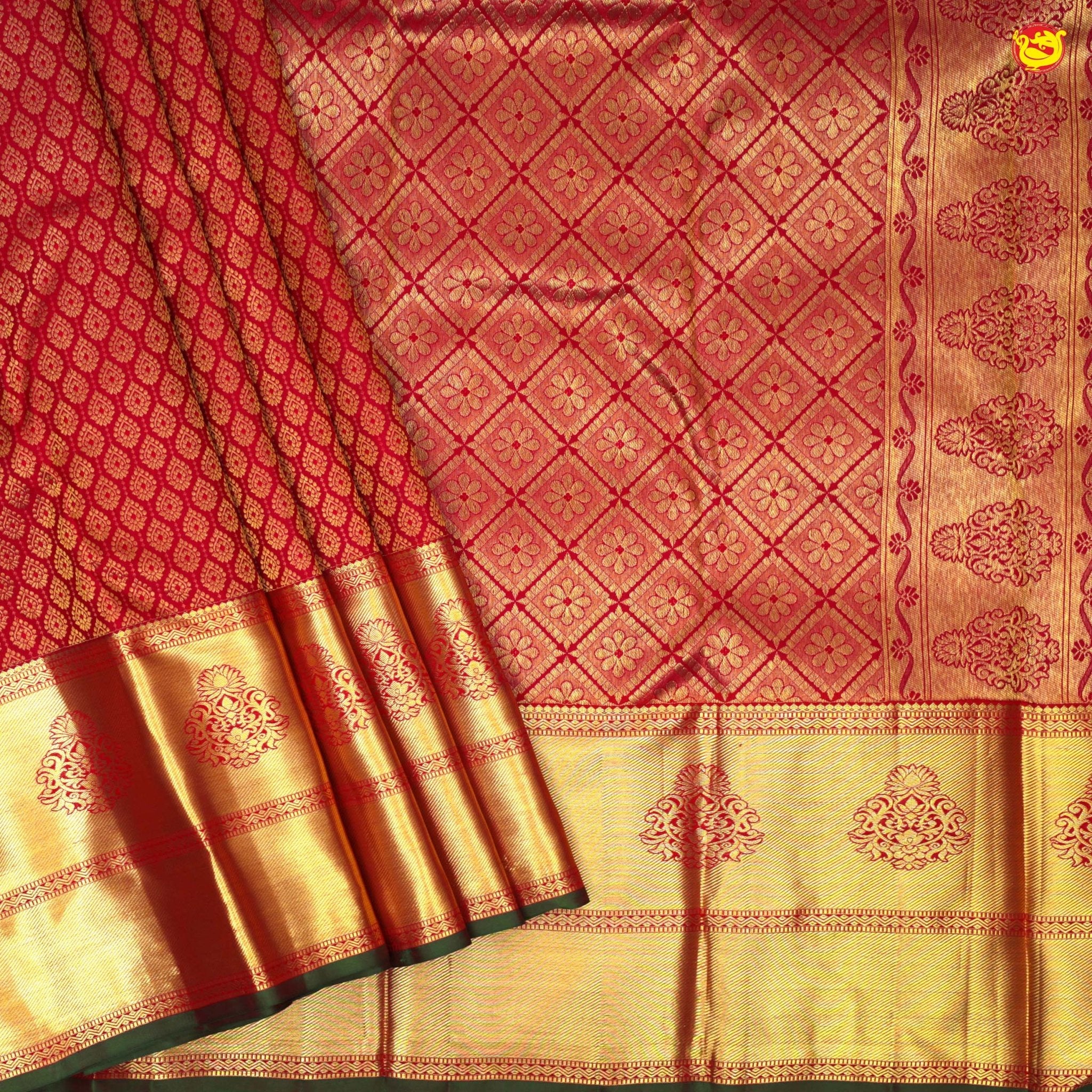 Dark Red With Floral Motifs Gold Zari Long Border Pure Kanjivaram Subhalaya Wedding Silk Saree