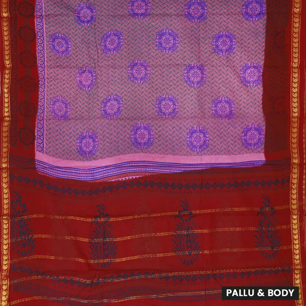 Lavender with Red  Mul Mul Cotton Saree without Blouse