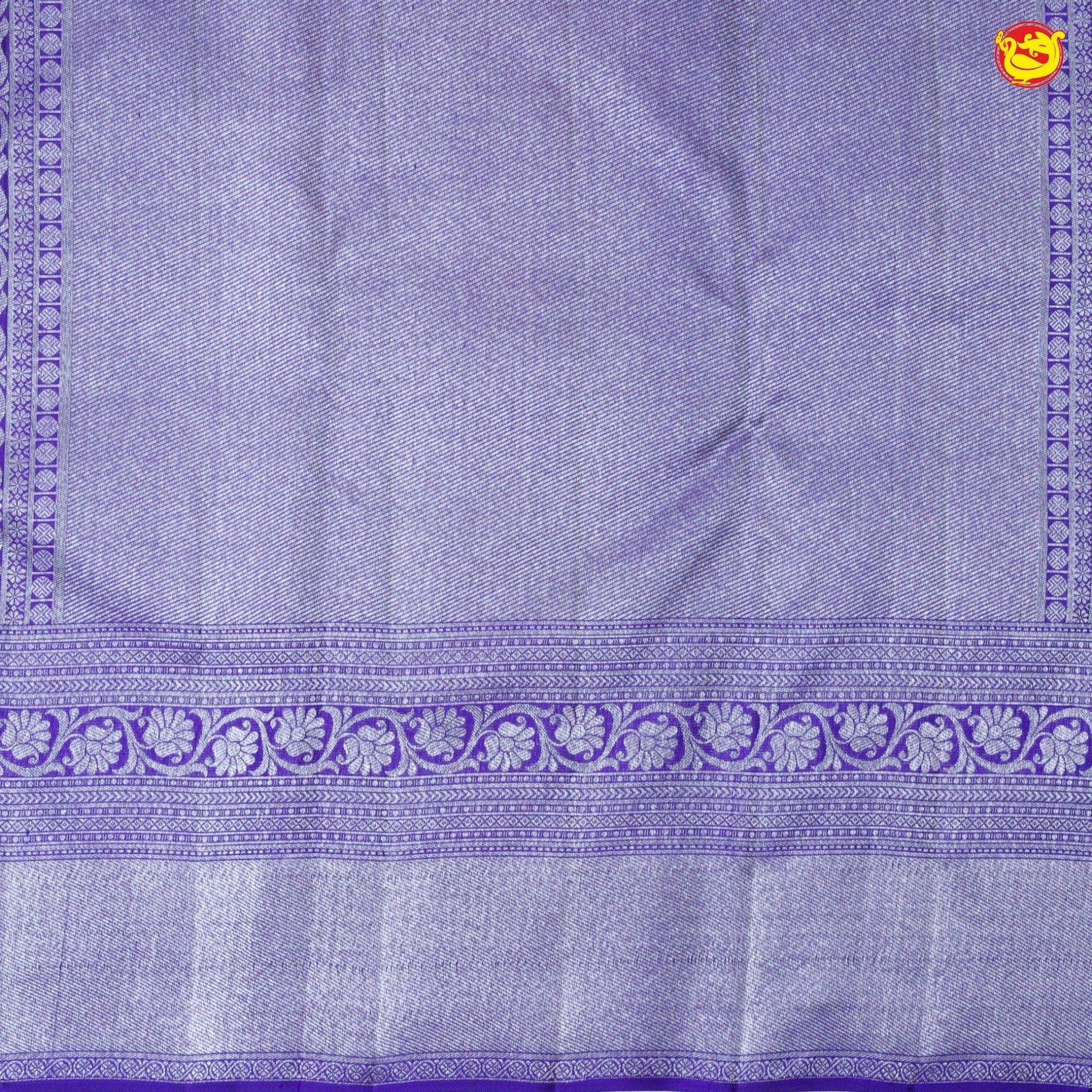 Light Blue With Purple Blend Checked Floral Motifs Silver Zari Border Pure Kanjivaram Subhalaya Wedding Silk Saree - Thenianantham