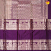 Light Brown With Purple Checked Peacock Motifs Copper Zari Long Border Pure Kanjivaram Soft Silk Saree - Thenianantham