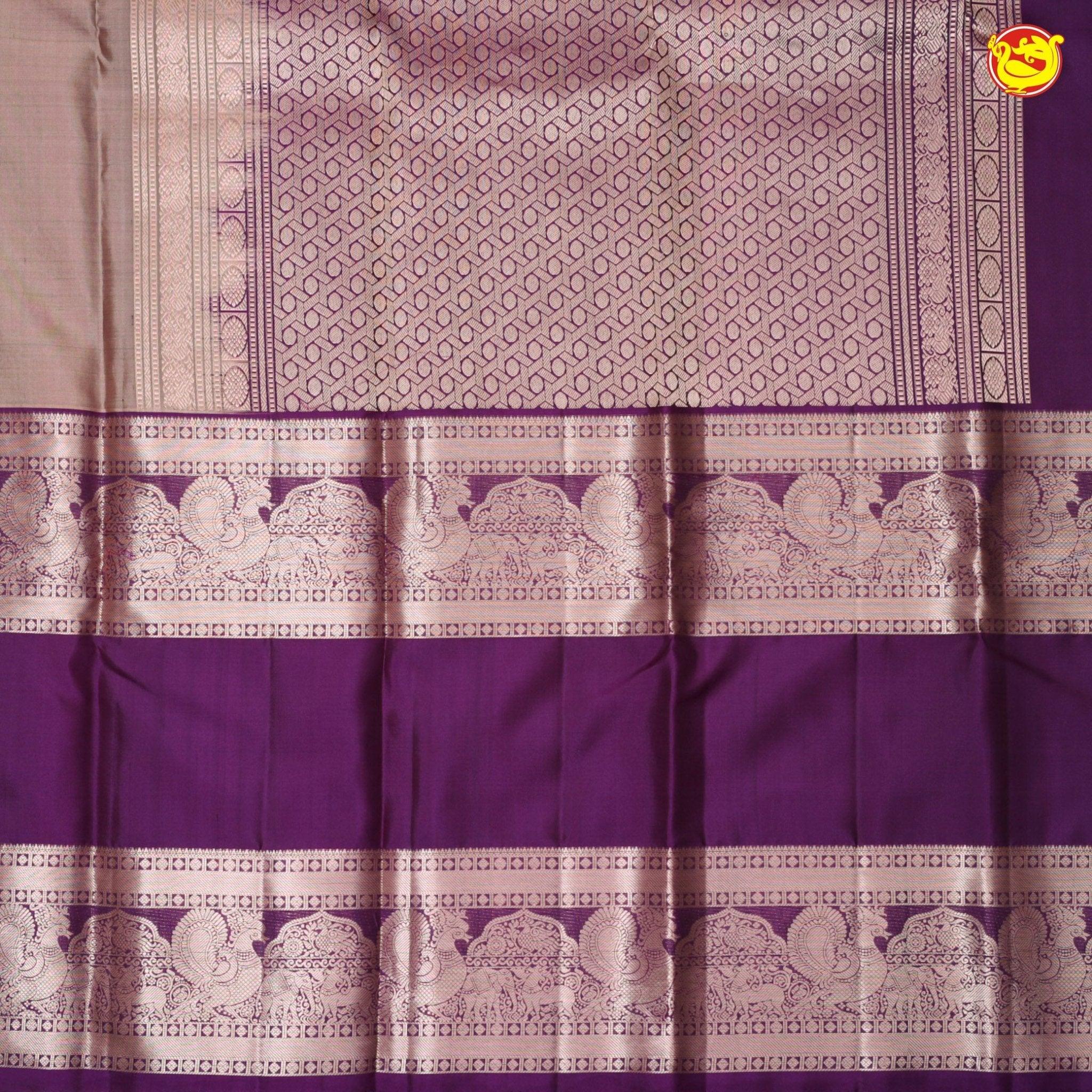 Light Brown With Purple Checked Peacock Motifs Copper Zari Long Border Pure Kanjivaram Soft Silk Saree - Thenianantham