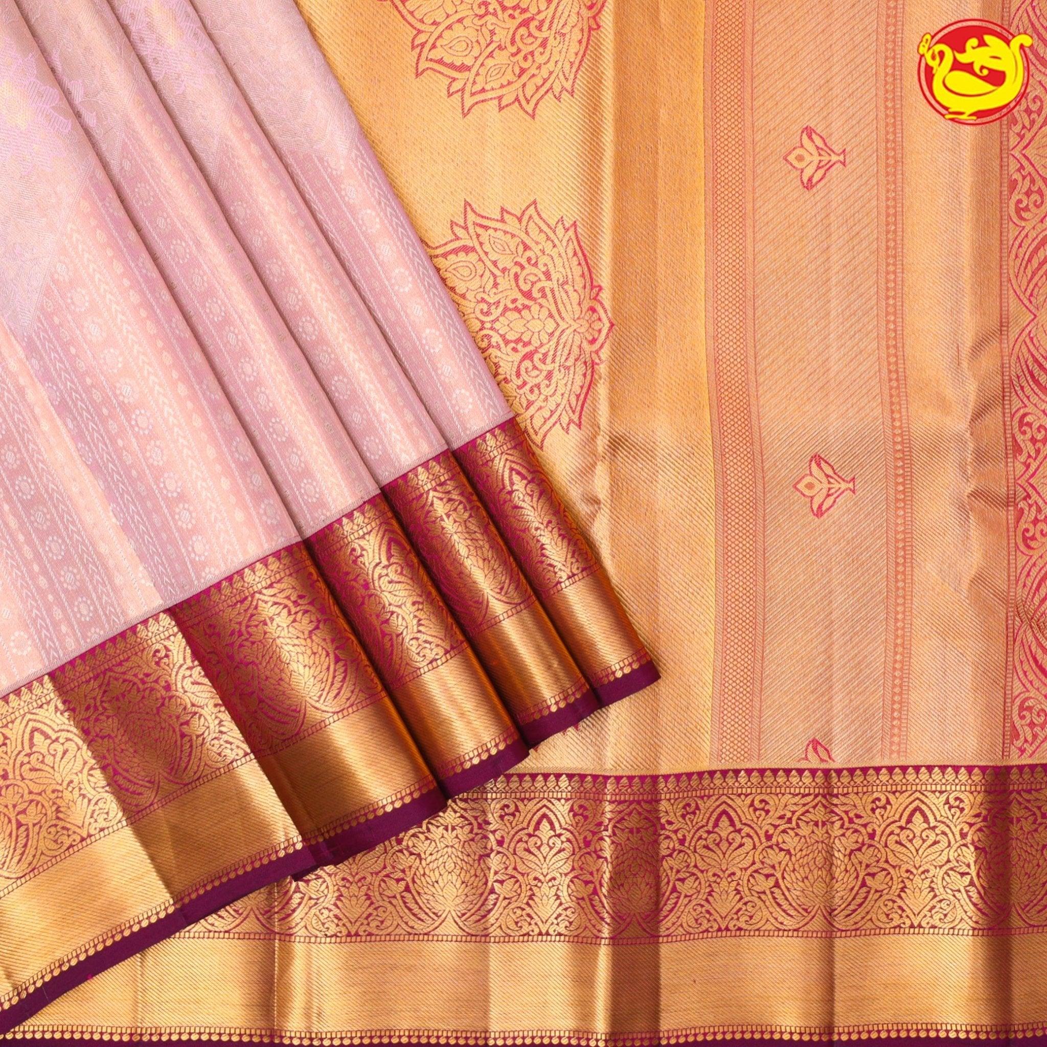 Cream Floral Motifs Gold Zari Border Pure Kanjivaram Subhalaya Wedding Silk Saree - Thenianantham