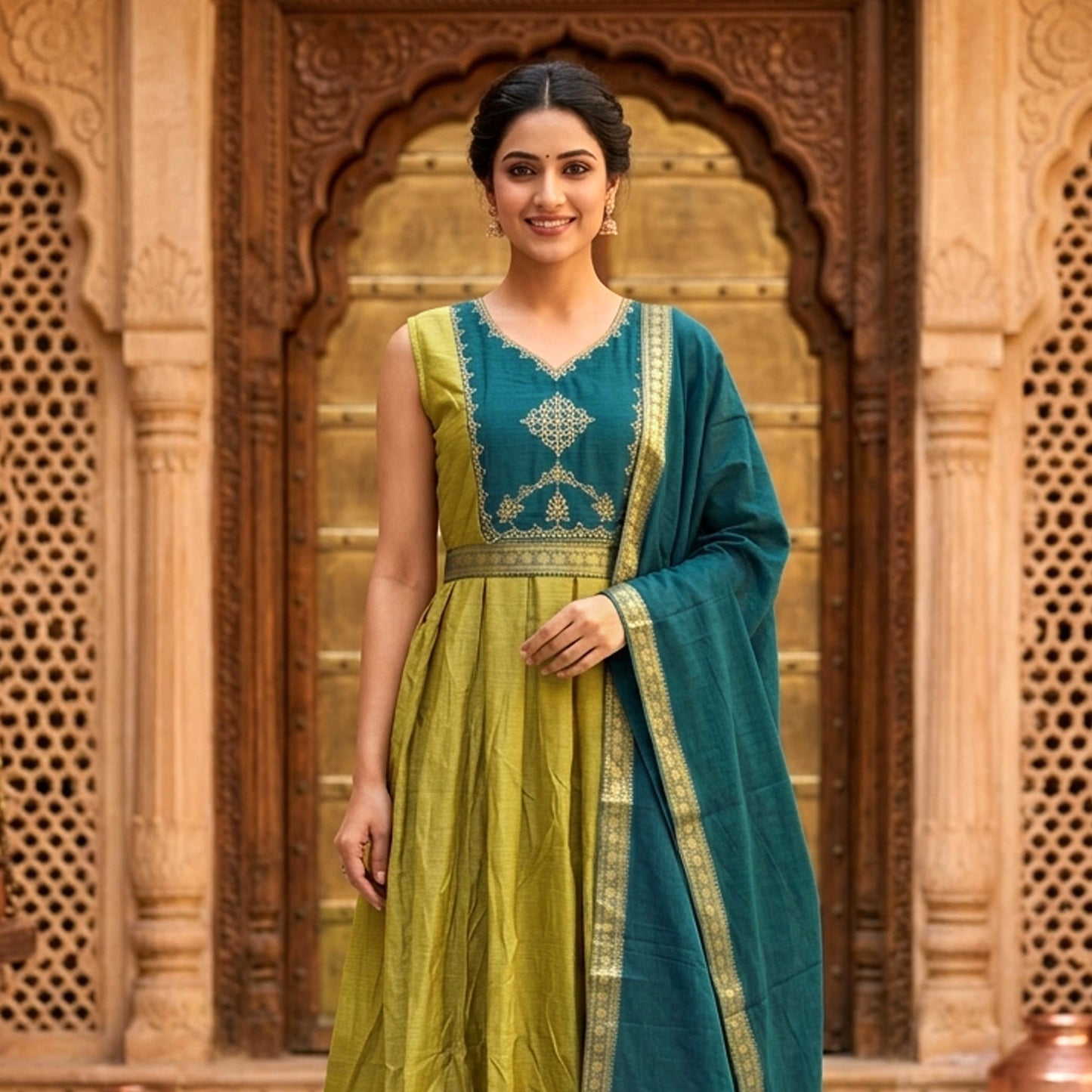 Olive Green With Peacock Blue Trendy Ladies Ethnic Gowns
