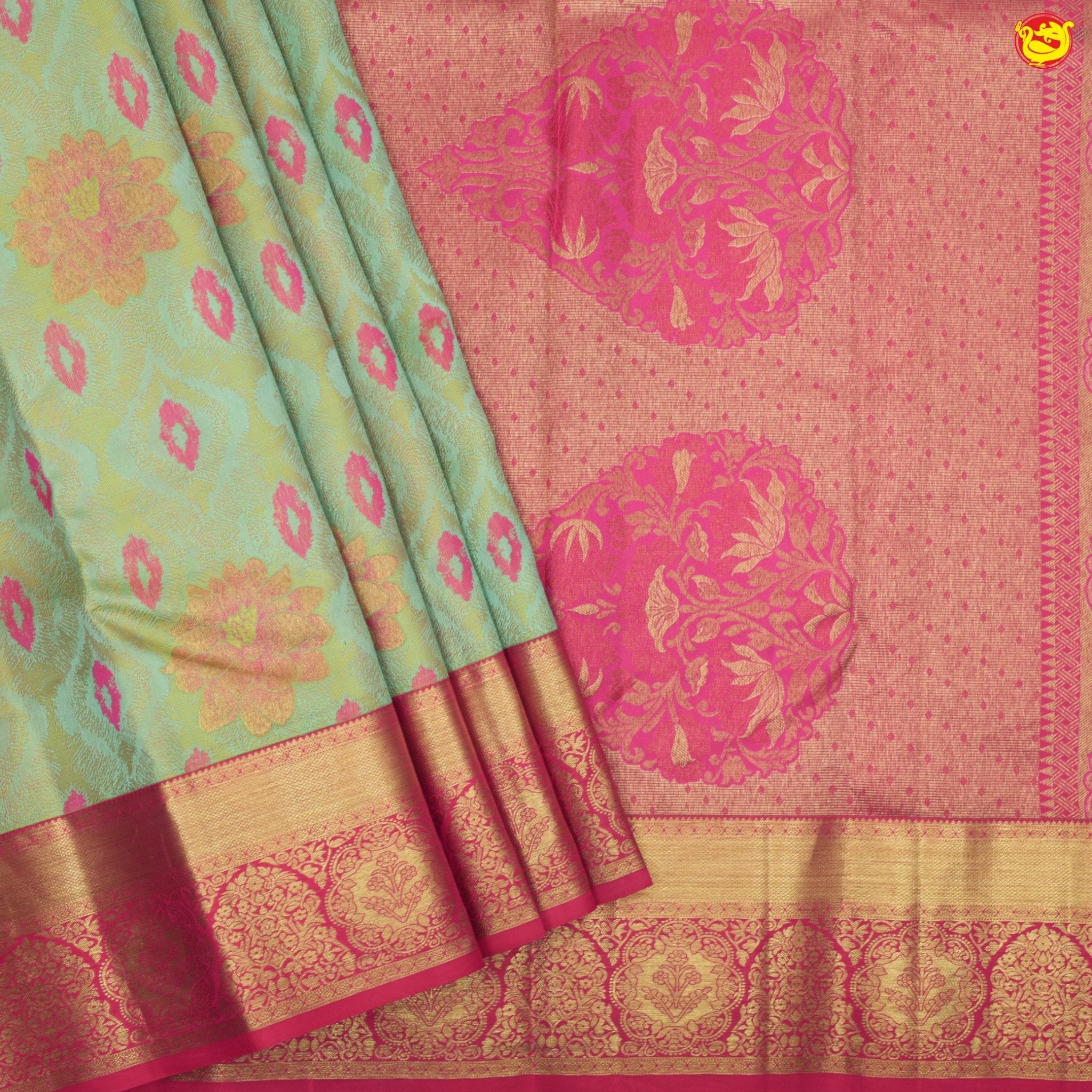 Light green with pink pure Kanchipuram silk saree