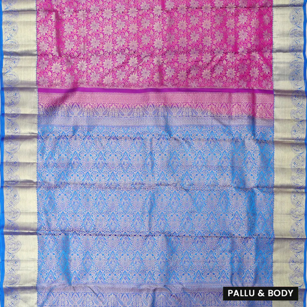 Purple  with Blue Gold Zari Border Wedding Silk Saree