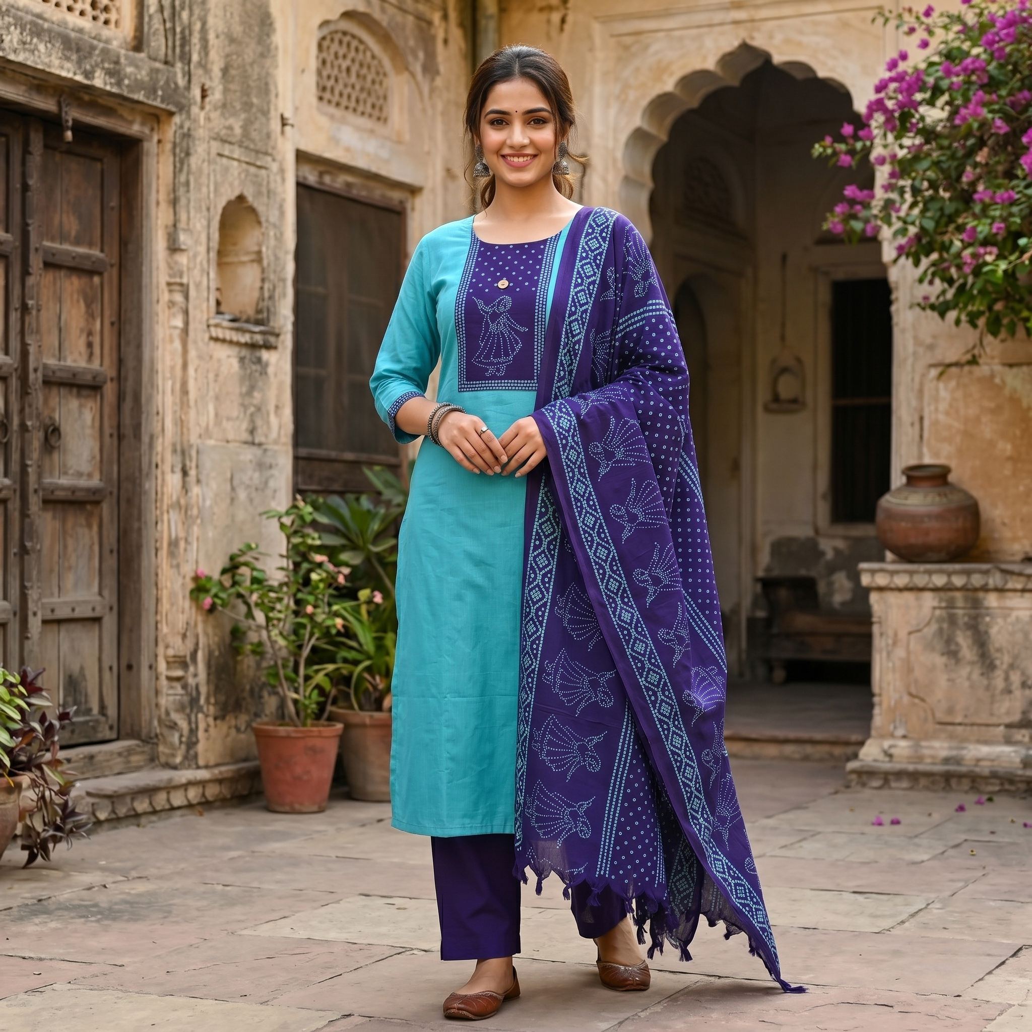 Aque Blue With Deep Purple  Cotton Ladies Chudithar Material