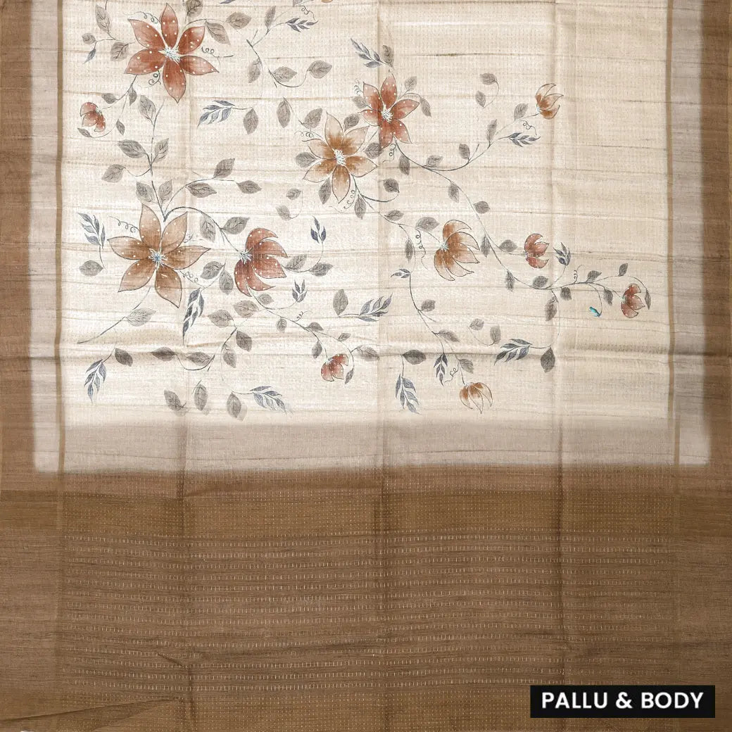 Off white with Brown floral design Semi Chanderi Silk Saree