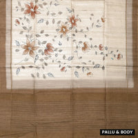 Off white with Brown floral design Semi Chanderi Silk Saree