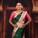 Dark Green With  Peach Copper Zari Border  Soft Silk Saree
