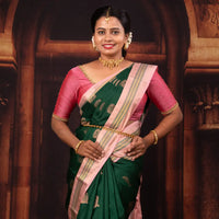 Dark Green With  Peach Copper Zari Border  Soft Silk Saree