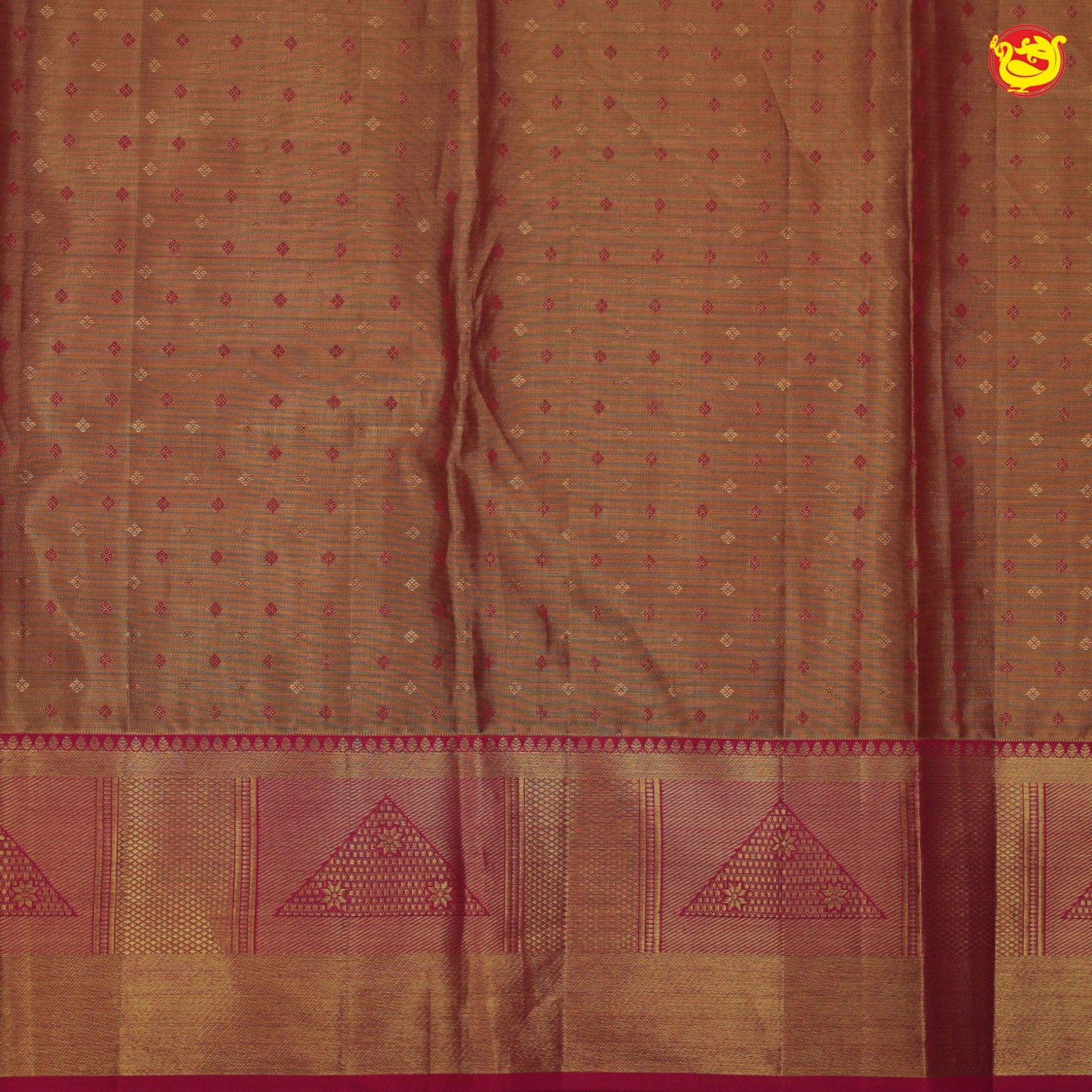 Gold with magenta border pure Kanchipuram silk saree with floral motifs - Thenianantham