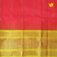 Dark Tomato Pink & Lemon Yellow With Gold Zari Floral Buttas Pure Silk Cotton Saree