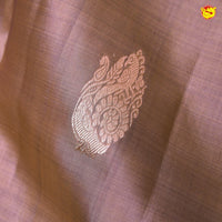 Light Brown With Purple Checked Peacock Motifs Copper Zari Long Border Pure Kanjivaram Soft Silk Saree - Thenianantham