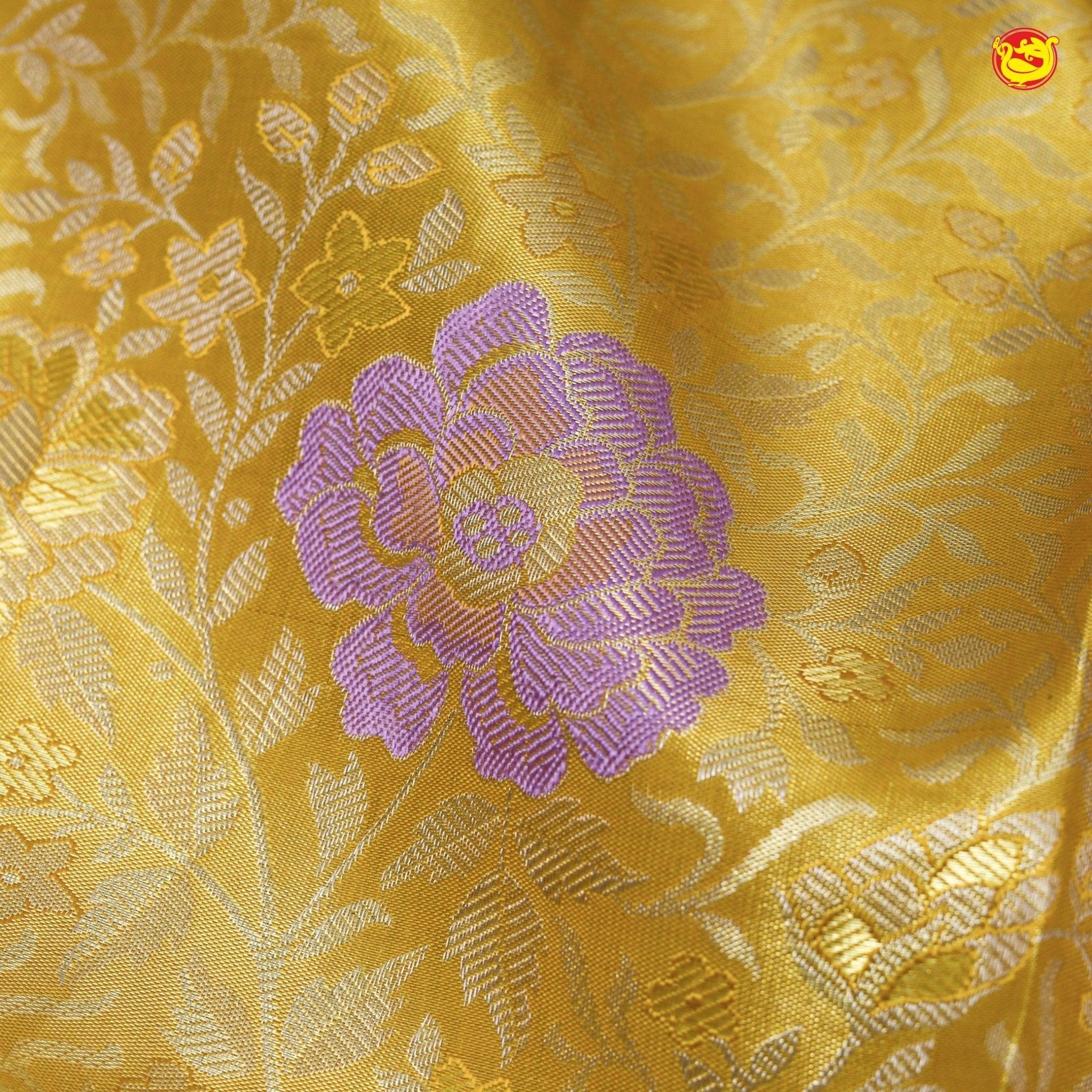 Gold With Multicolour Buttas Floral Motifs Gold Zari Long Border Pure Kanjivaram Subhalaya Wedding Silk Saree - Thenianantham