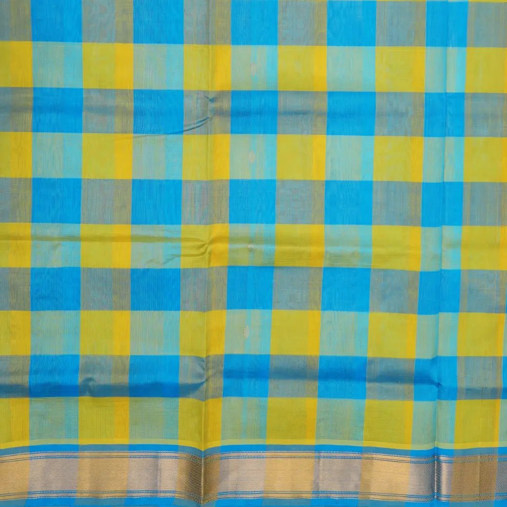 Sky blue & Yellow Checked Pattern Arani Silk Cotton Saree - Thenianantham