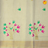 Southloom Exclusive Onam Kasavu Saree with Pink & Green Floral High Quality Embroidery Across Body (Matching Plain Blouse Included) - Thenianantham