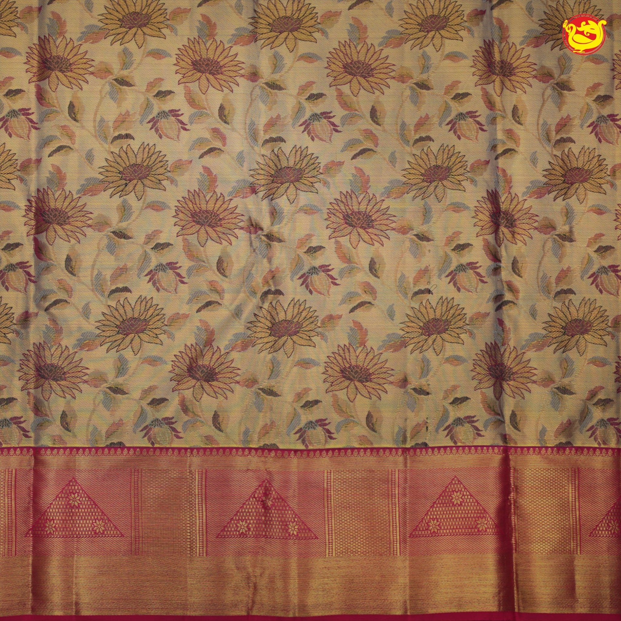 Gold with magenta border pure Kanchipuram silk saree with floral motifs - Thenianantham