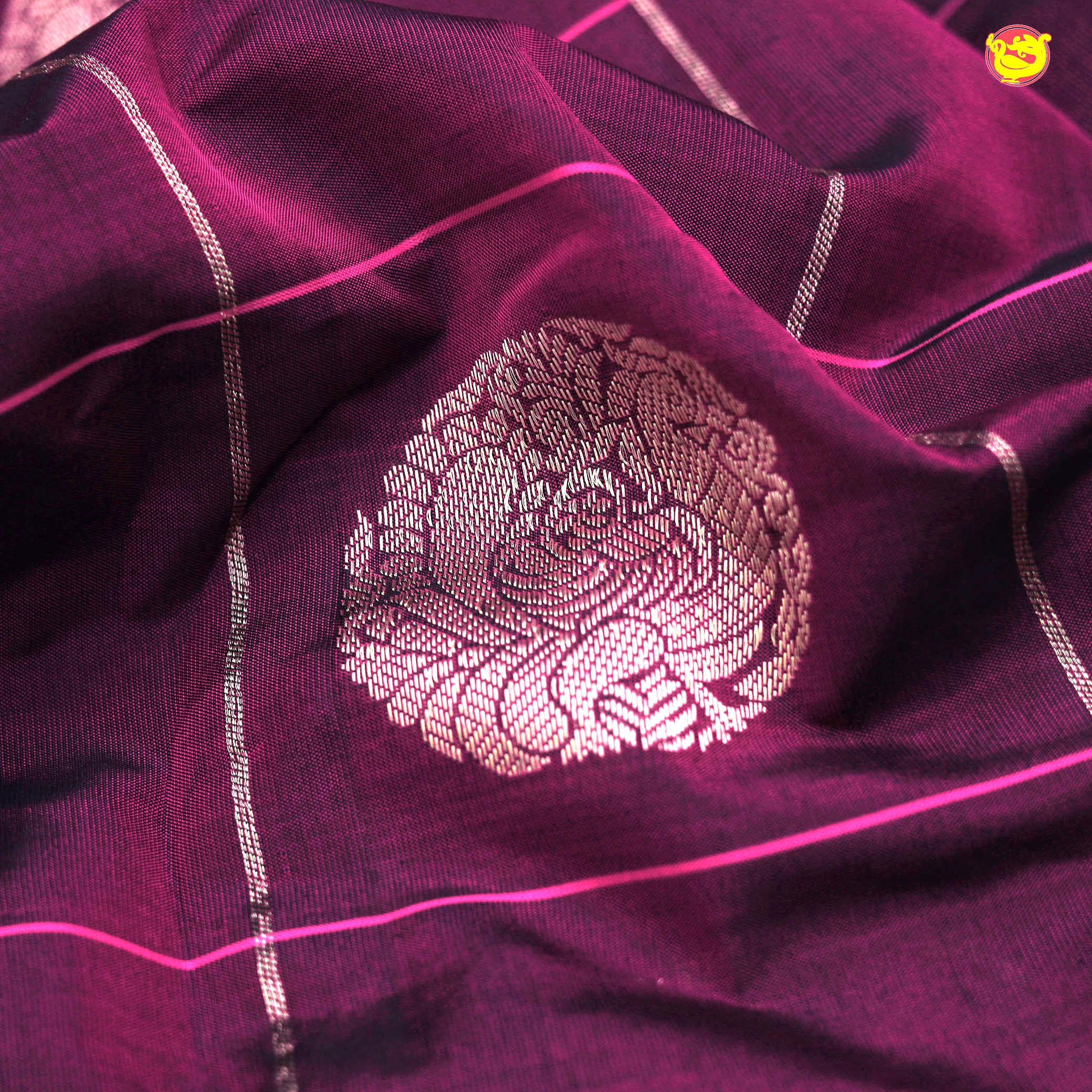 Wine With Pink Floral Buttas Motifs Gold Zari Checked Pure Kanjivaram Soft Silk Saree - Thenianantham