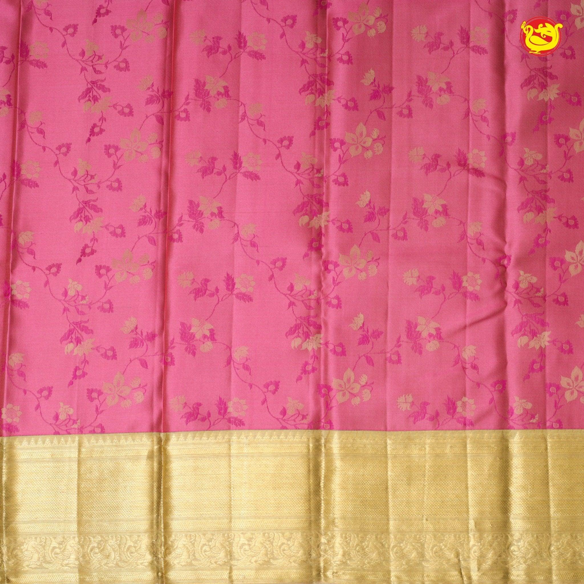 Pink With Gold Floral Motifs Gold Zari Pure Kanjivaram Subhalaya Soft Silk Saree - Thenianantham