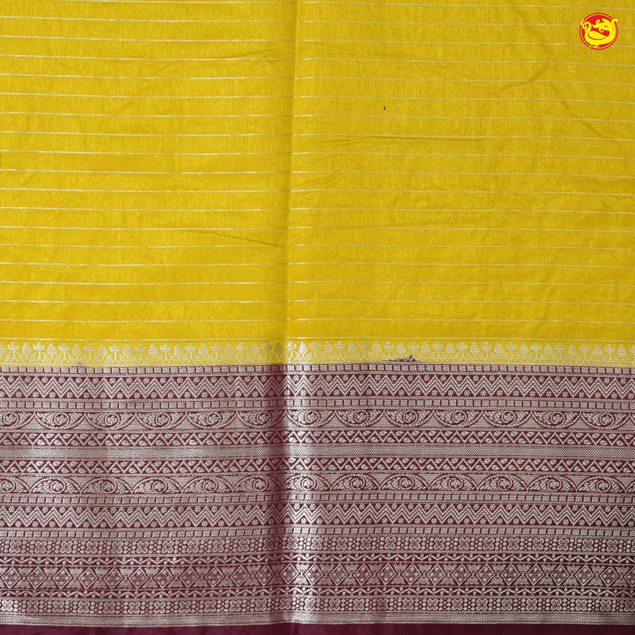 Mustard Yellow With Dark Maroon Stripes Design Semi Silk Blend Saree With Double Blouse Concept