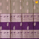 Light Brown With Purple Checked Peacock Motifs Copper Zari Long Border Pure Kanjivaram Soft Silk Saree - Thenianantham