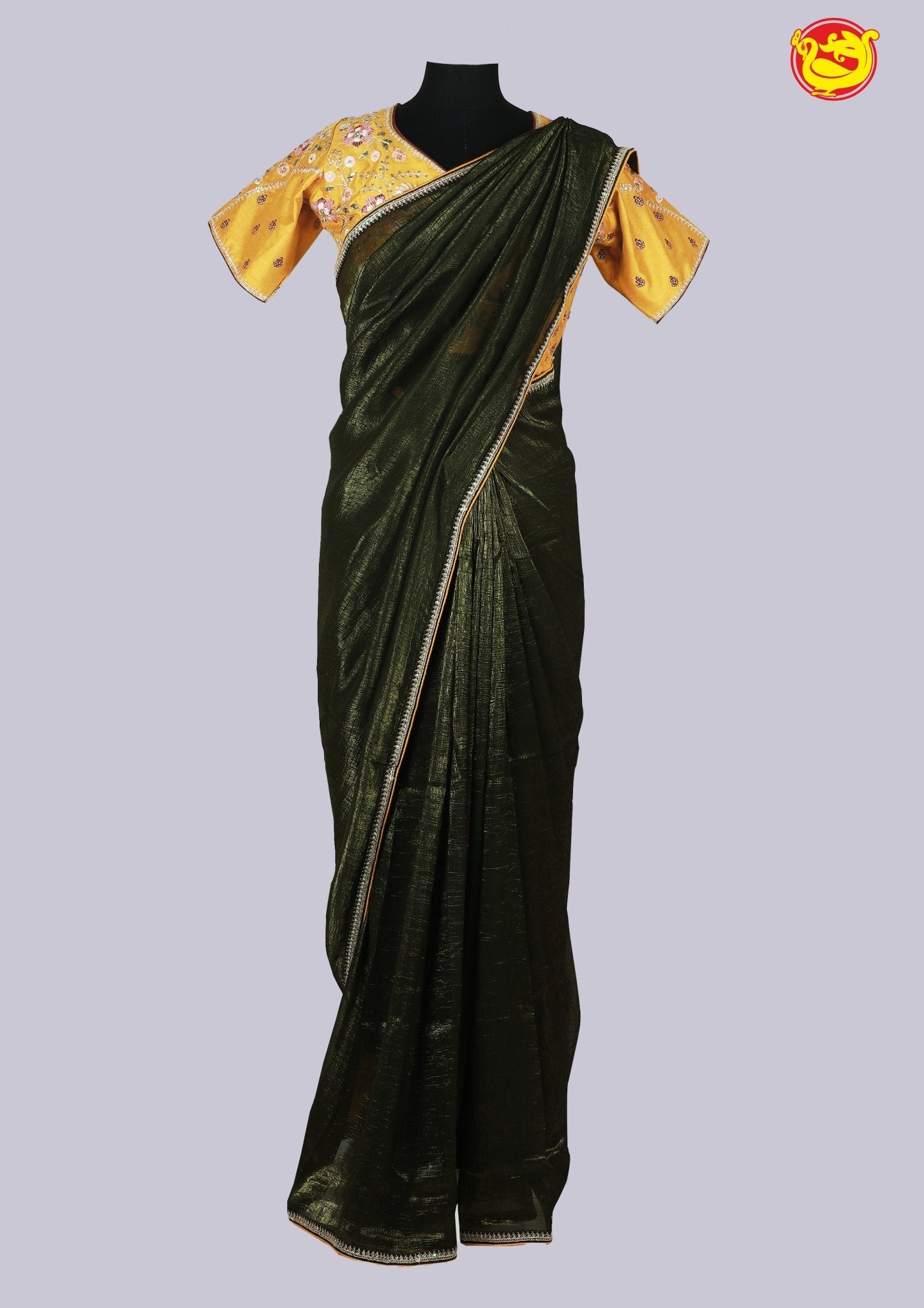 Dark Olive Green With Yellow Sequins Border Design Jimmy Choo Designer Saree with Readymade Designer HandWork Blouse