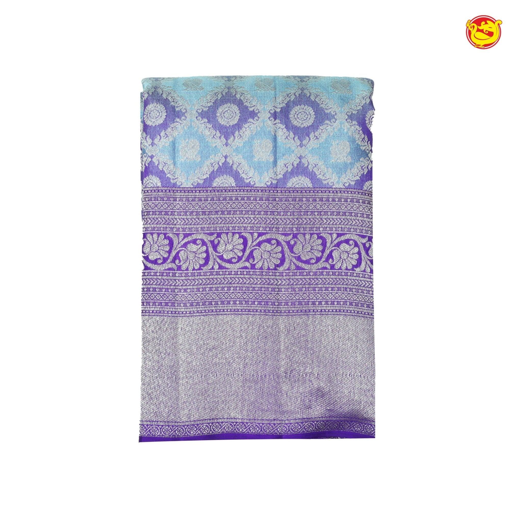 Light Blue With Purple Blend Checked Floral Motifs Silver Zari Border Pure Kanjivaram Subhalaya Wedding Silk Saree - Thenianantham