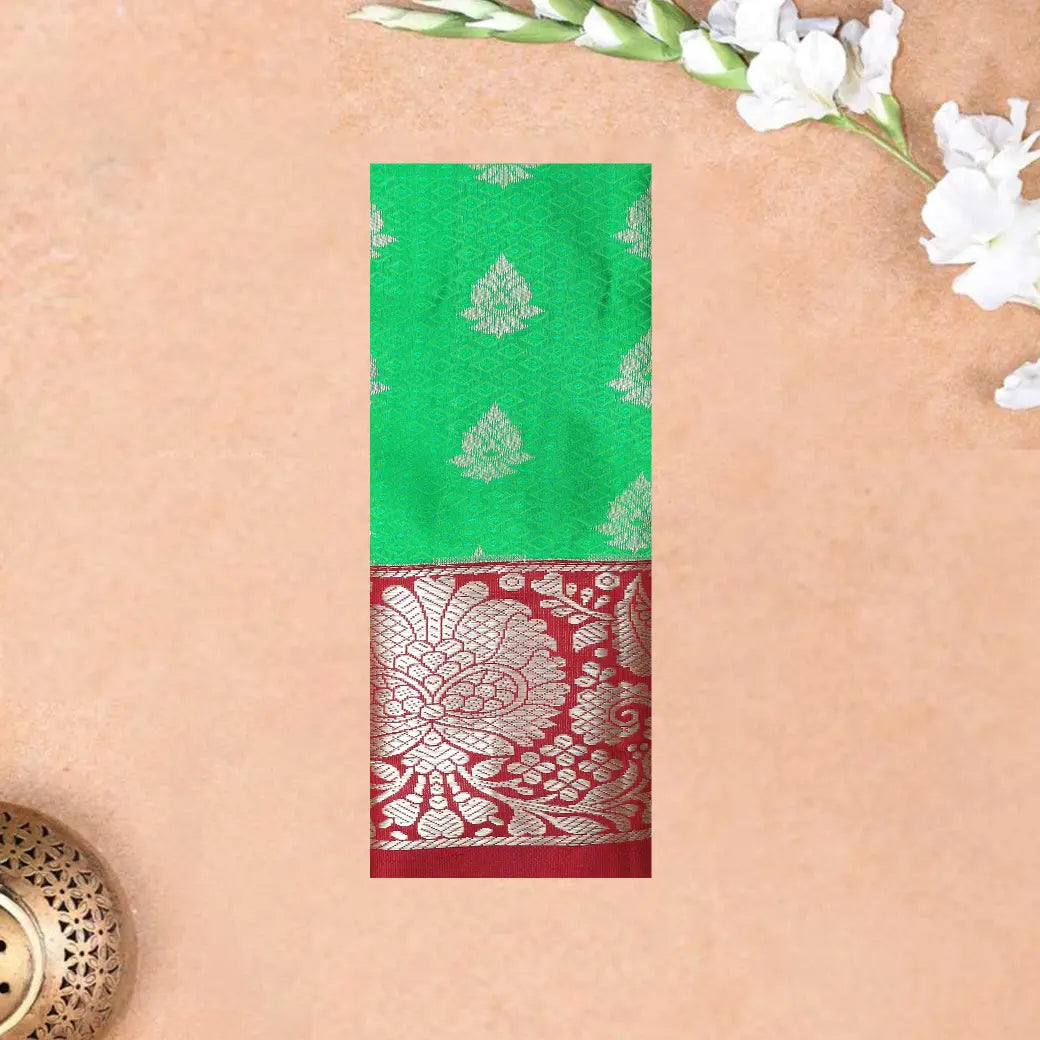 Parrot Green With Red Border Floral Design Traditional  Pattu Pavadai Material