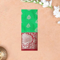 Parrot Green With Red Border Floral Design Traditional  Pattu Pavadai Material