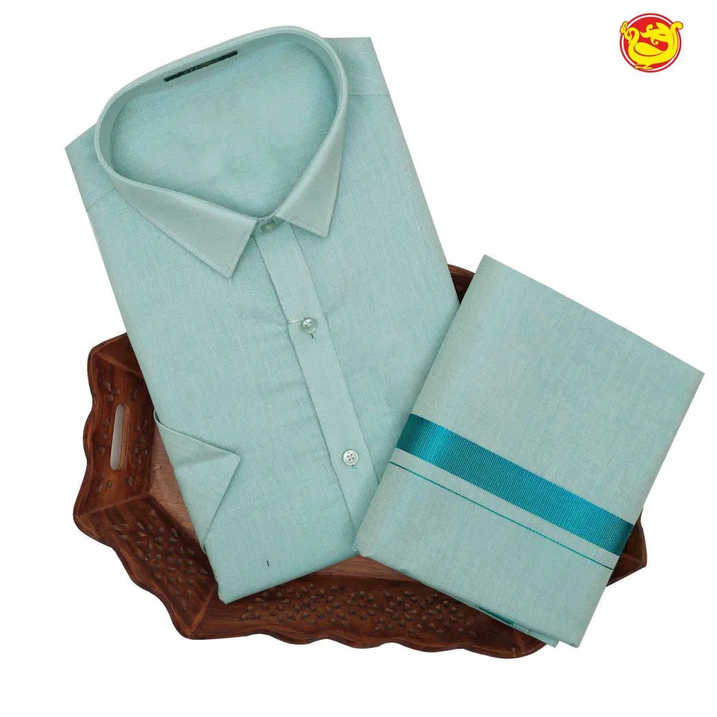 Light blue art silk tissue flexi fit dhoti and shirt set