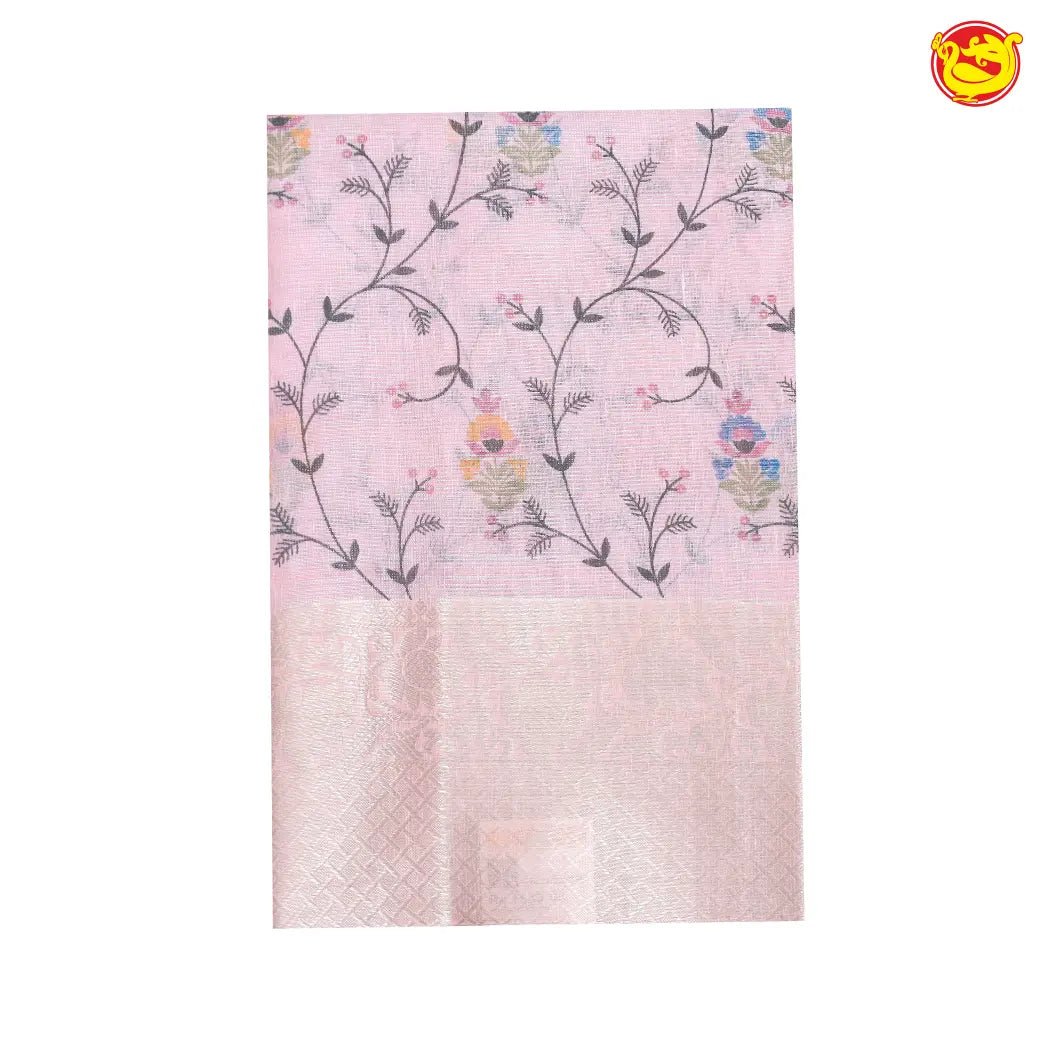 Baby pink linen tissue saree with embroidery