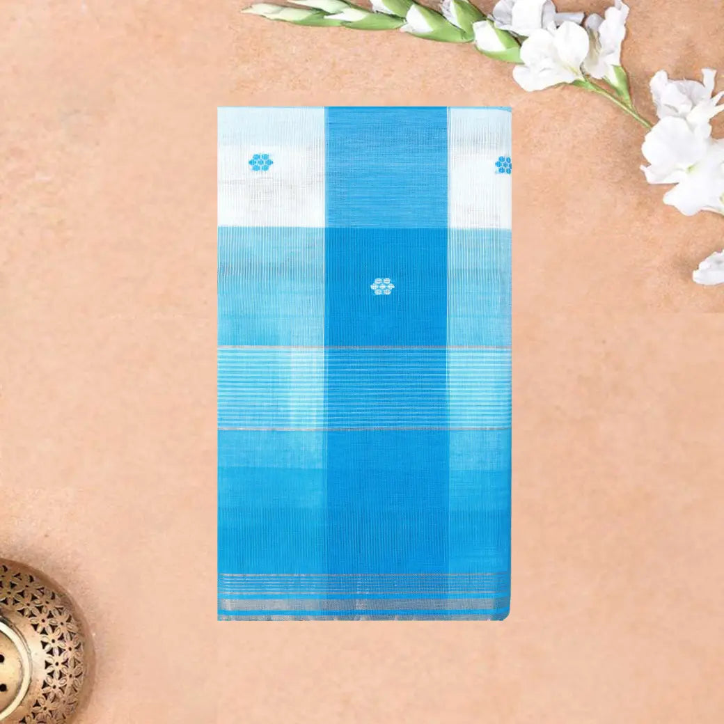 Blue with White Checked Gold Zari Border Venkatagiri Pure Cotton without Blouse