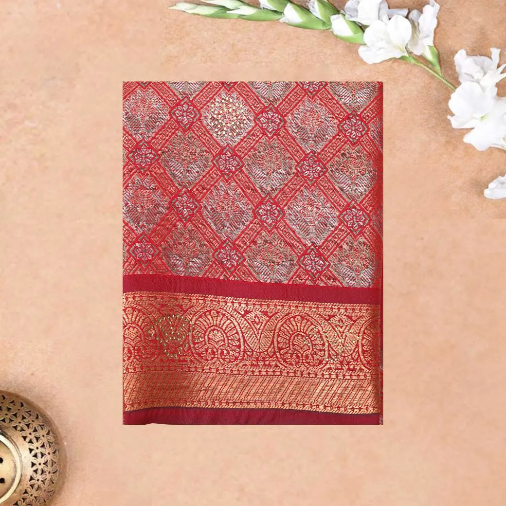 Red Colour  Floral Design Traditional  Pattu Pavadai Material