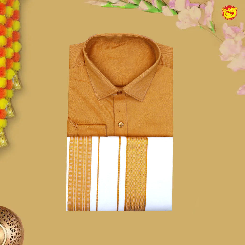 Mustard yellow With White Readymade Shirt And Matching Border Dhoti Set for Men