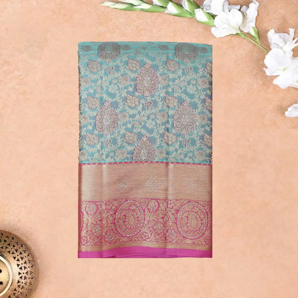 Cyen  with Pink Gold Zari Border Wedding Silk Saree