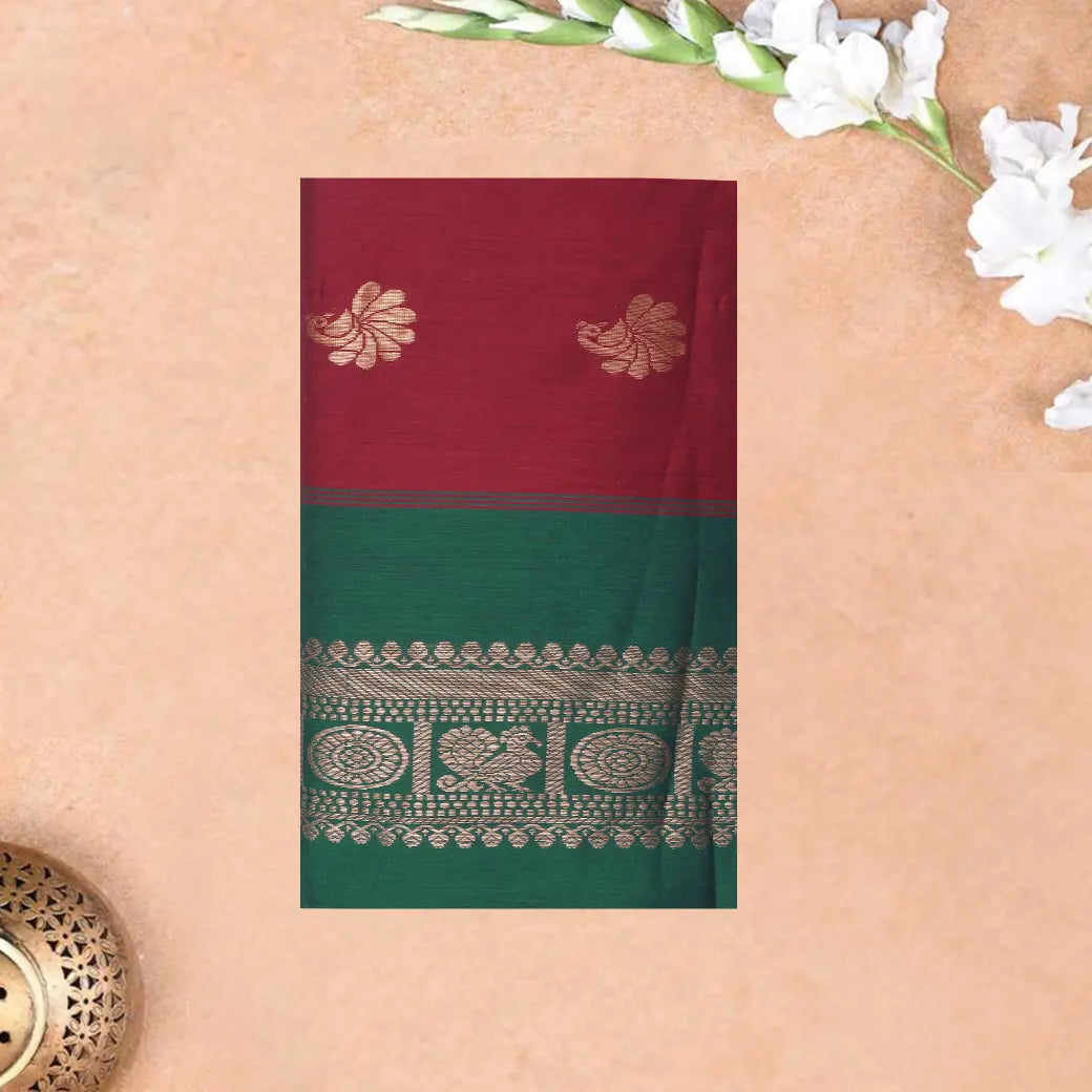 Red  With  Green  Premium Quality Kalyani Cotton Saree  