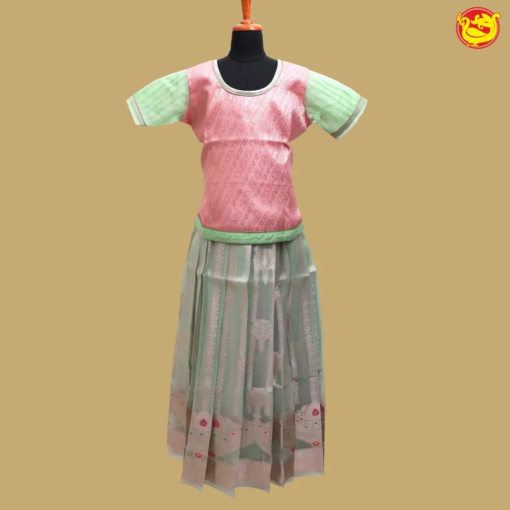 Light pink with Light green Girls Branded Readymade Pattu Pavadai