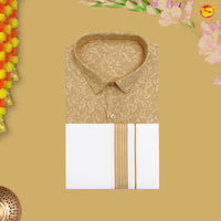 Camel With White Printed Cotton Readymade Shirt And Matching Border Dhoti Set for Men