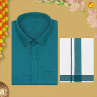 Elf  Green With White Dhoti Readymade Small Checked Shirt And Matching Border Dhoti Set for Men