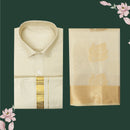 Couple Combo Tissue Silk Set – Men’s Shirt & Dhoti with Matching Women’s Saree With Fawn Gold Colour With Gold  Zari Border