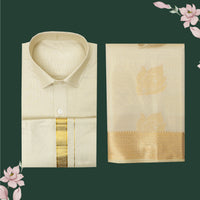 Couple Combo Tissue Silk Set – Men’s Shirt & Dhoti with Matching Women’s Saree With Fawn Gold Colour With Gold  Zari Border