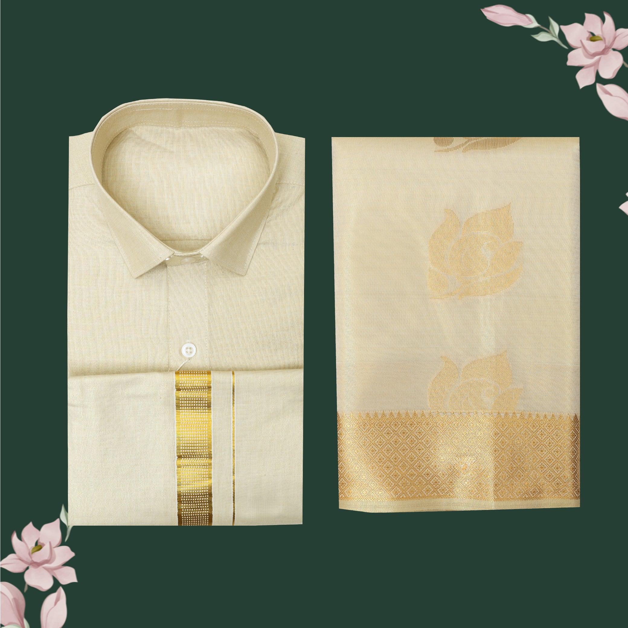 Couple Combo Tissue Silk Set – Men’s Shirt & Dhoti with Matching Women’s Saree With Fawn Gold Colour With Gold  Zari Border