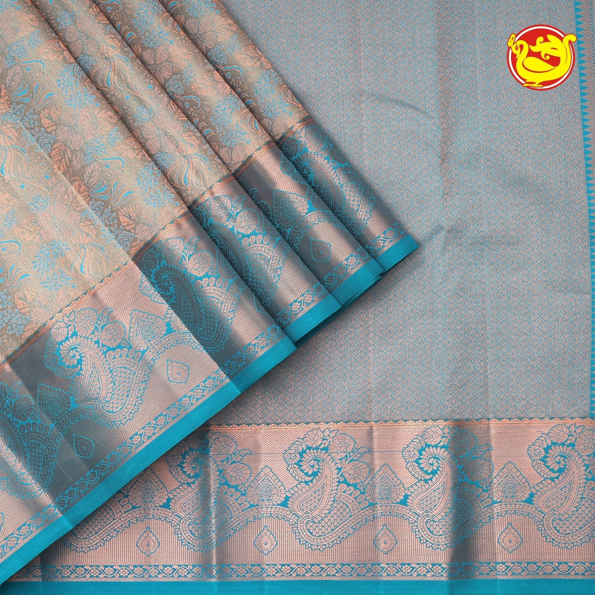 Light Blue Wedding Silk Saree With Peacock Blue Pallu - Thenianantham