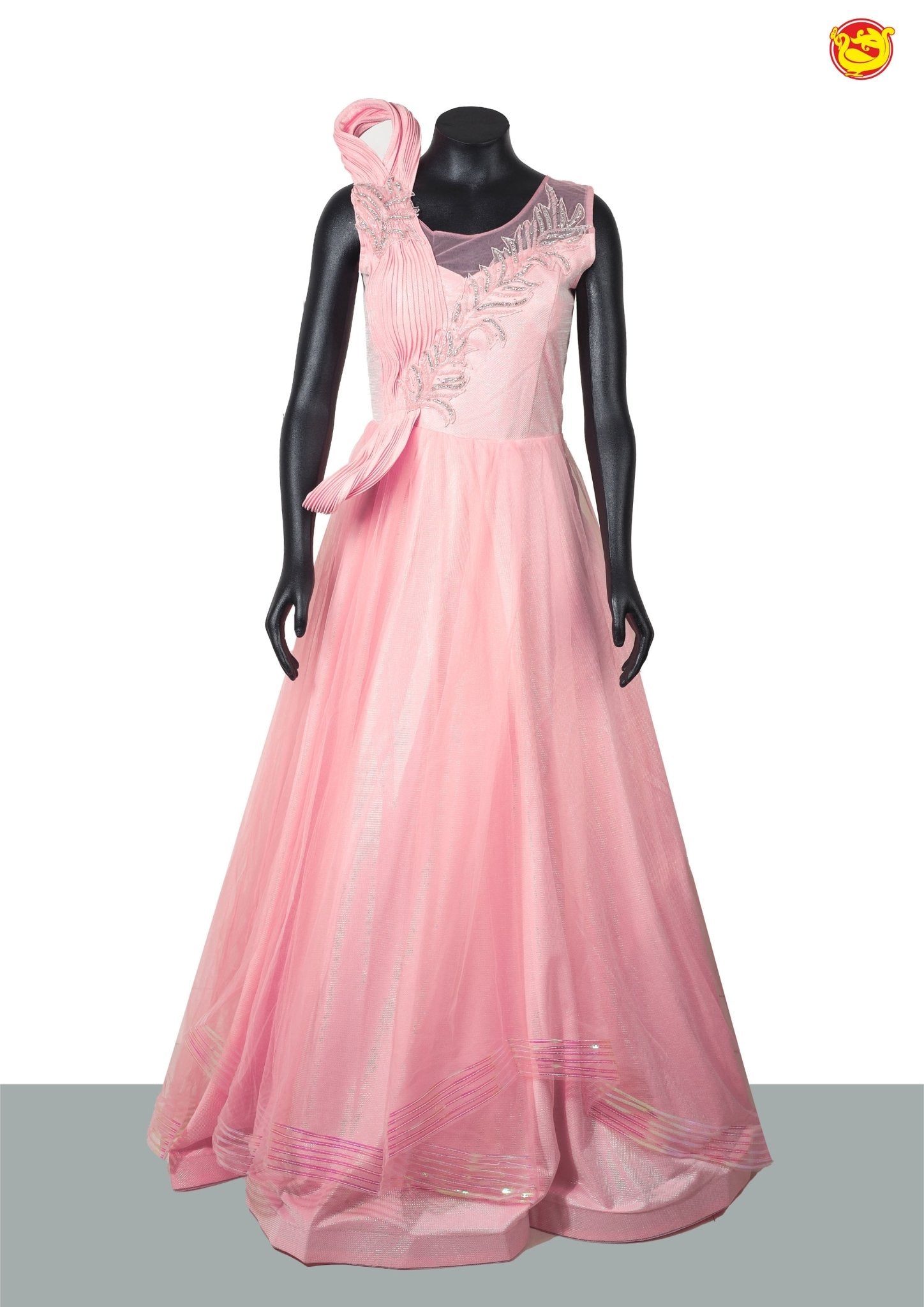 Baby Pink Sequins, Bead & Cutdana Work Embroidered Net Indowestern Gown